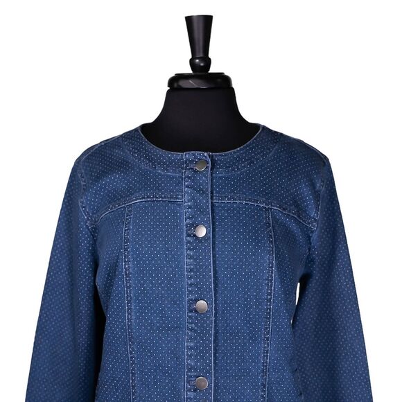Chico's Women's Denim Jacket Blue White Polka Dot Stretch Vintage Size 2 L/12 - Picture 5 of 9